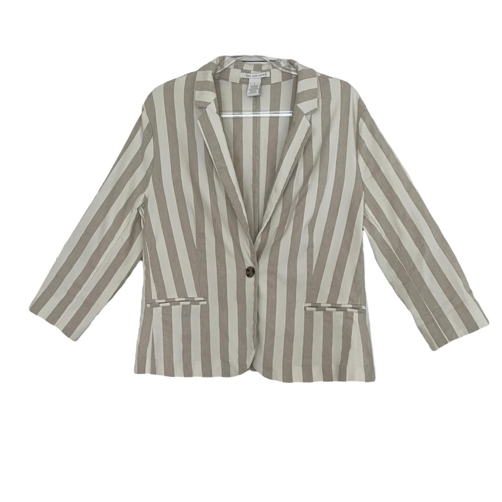 Neutral Striped Linen Blend Sz L Stretch 3/4 Sleeves Blazer Summer Coastal Chic